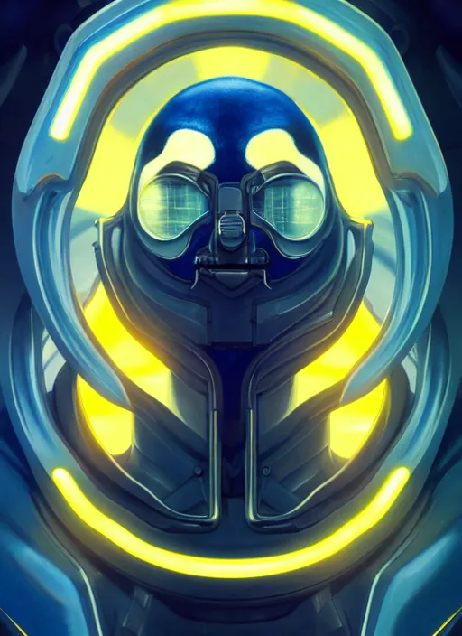 Image similar to symmetry!! portrait of penguin, sci - fi, tech wear, blue and yellow glowing lights!! intricate, elegant, highly detailed, digital painting, artstation, concept art, smooth, sharp focus, illustration, art by artgerm and greg rutkowski and alphonse mucha