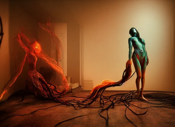 Prompt: rgb, woman, bedroom full of fire, rage, cinematic, movie scene, inspired by zdzislaw beksinski, clothes made out of veins,, cables everywhere, bedroom, ultra realistic, concept art, intricate details, highly detailed, photorealistic, octane render, 8 k