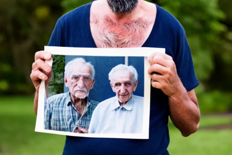 Image similar to young man holding a photograph of him as a old man