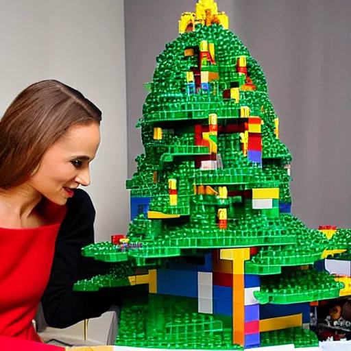 Image similar to Natalie Portman building a giant tree of LEGO