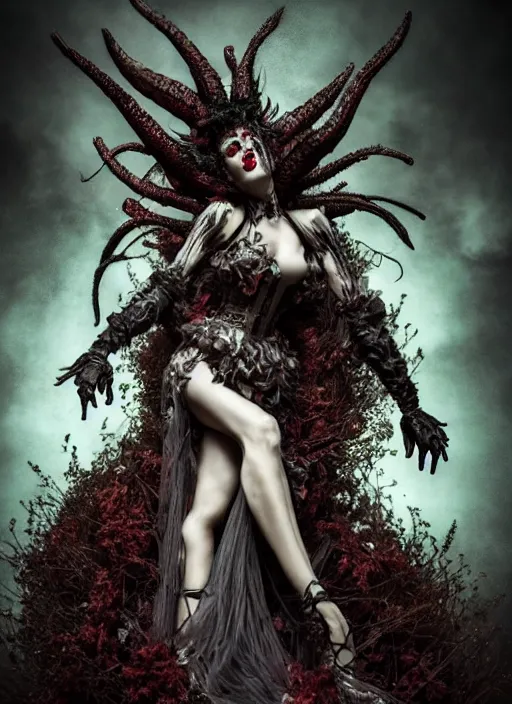 Image similar to expressive full body photo of demoness, dress made of cabbages, glamour shot, by karol bak, stefan gesell, photorealistic, nikon d 4 x, fashion photography, hyper maximalist, elegant, ornate, luxury, elite, environmental portrait, symmetrical features, octane render, unreal engine, solid dark grey background, dramatic lights