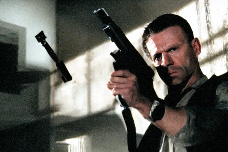Prompt: film still of James McCaffrey!!! 2004 as Max Payne in the Max Payne movie, 4k