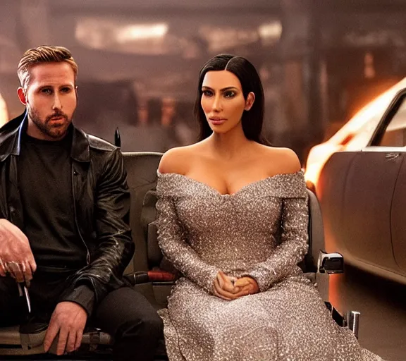 Image similar to a movie still of kim kardashian sitting with ryan gosling in the movie blade runner 2 0 4 9