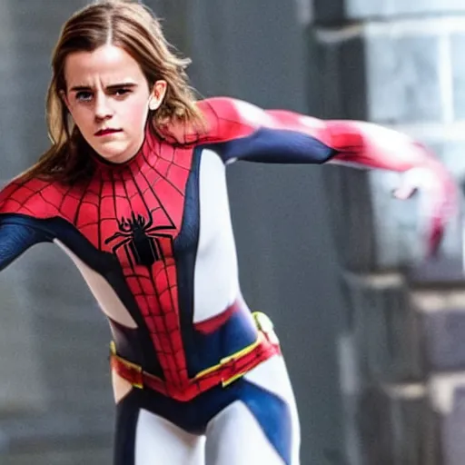 Image similar to emma watson as spiderman, full body shot, highly - detailed, sharp focus, award - winning