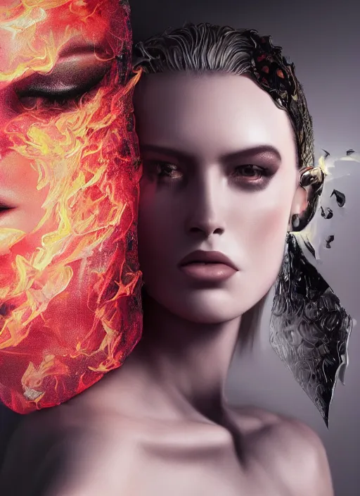 Image similar to 3d fashion portrait with fire, female, future, torch, flame, harper's bazaar, vogue, fashion magazine, intricate, concept art, close up, ornate, luxury, elite, elegant, trending on artstation, by ruan jia, by Kenneth Willardt, by ross tran, by WLOP, by Andrei Riabovitchev,