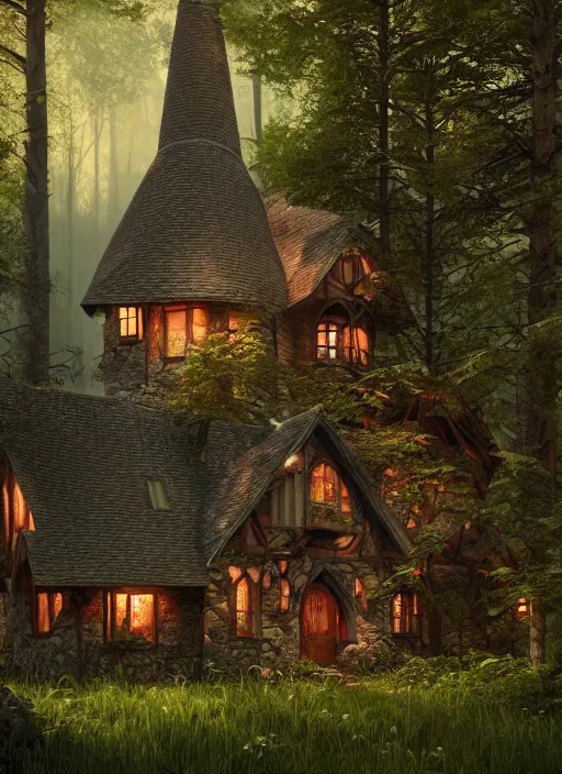 Image similar to hyper realistic homely witch cottage with random architectural styles, in the woods gorgeous lighting, highly detailed, lush forest painting by norman rockwell, james gurney zdzisław beksinski and norman rockwell and greg rutkowskiweta octane render