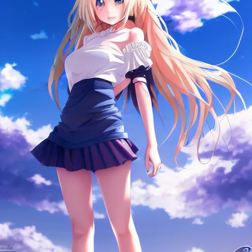 Image similar to a very beautiful anime cute girl, full body, long wavy blond hair, sky blue eyes, full round face, short smile, tight top, miniskirt, front view, medium shot, mid-shot, highly detailed, cinematic wallpaper by Stanley Artgerm Lau