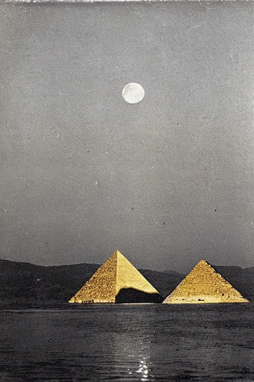 Image similar to a gold pyramid reflecting the moon, trogir golden hour 1 9 0 0 s photograph