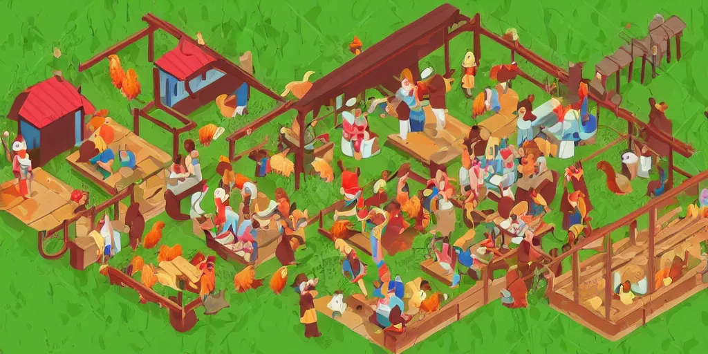 Image similar to Jesus is feeding the chickens, isometric illustration