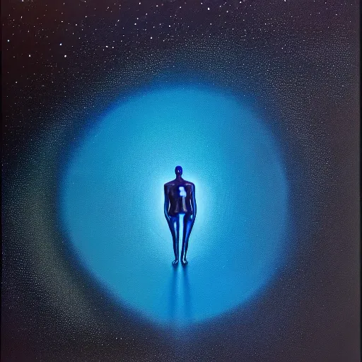 Prompt: peer into the depths of the endless cosmic void, shine a light on your darkest terror. michael moorcock oil on canvas, photographic hyperrealism