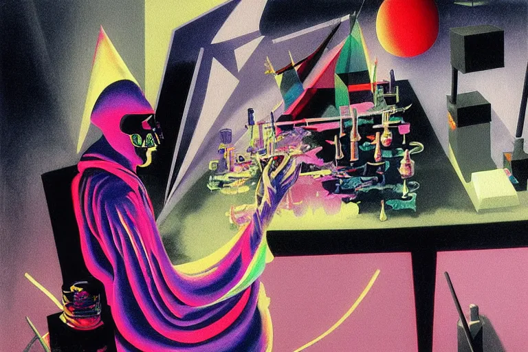 Prompt: a highly detailed beautiful masterpiece painting of a technomancer wizard in dazzle camouflage robes with pointed hood tampering with the world engine in his laboratory near a computer by Remedios Varo and Anato Finnstark and Greg Rutkowski and Andy Warhol, dayglo pink, dayglo blue, prismatic, pearlescent white, raven black, hyperrealism, 8k, trending on ArtStation, rendered in Octane, rendered in Unreal engine, award winning, volumetric lighting