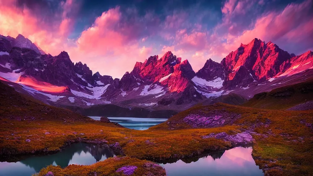 Image similar to amazing landscape photo of mountains with lake in sunset and purple sky by marc adamus, beautiful dramatic lighting