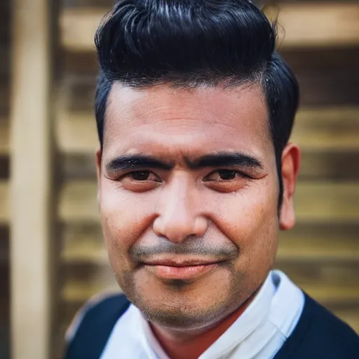 Prompt: close up of face of good looking 4 0 year old peruvian man with clean shaven face, no beard, very short straight black in a short pompadour style, color portrait, 4 k