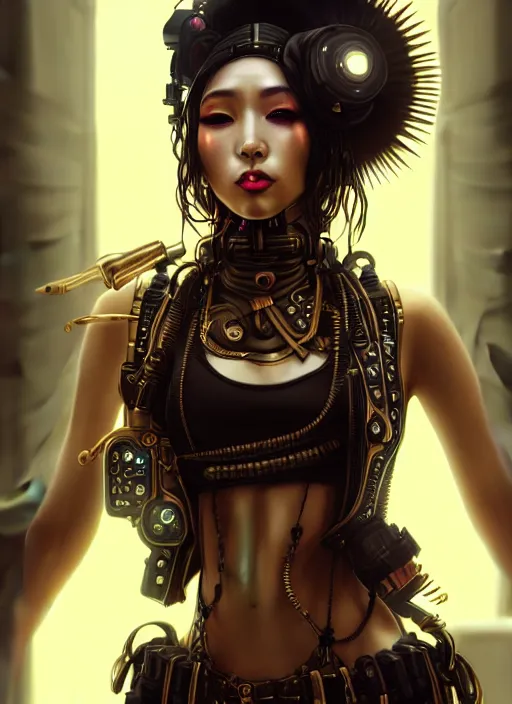 Image similar to soft lustrous ebony geisha seductive raver gutter punk steampunk cyborg, golden ratio, details, scifi, fantasy, cyberpunk city, intricate, decadent, highly detailed, octane render, digital painting, artstation, concept art, sharp focus, illustration, art by artgerm, loish, wlop