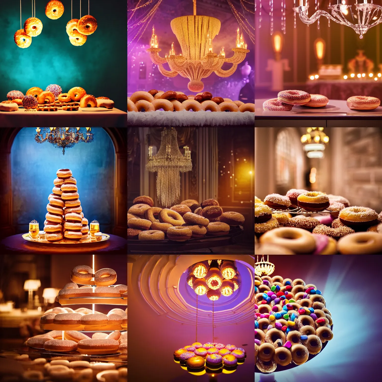 Prompt: chandelier made of doughnuts, cinematic establishing shot, magical colours and atmosphere, perfect coherent composition, super realistic, professional photography 1 6 k