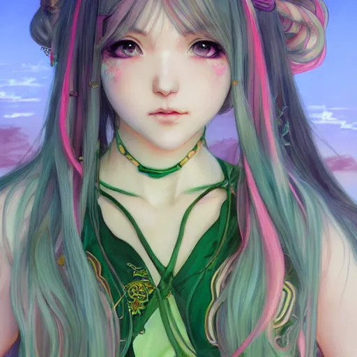 Image similar to adult girl with long light green hair, light green eyes, a small pigtail on the left side, chinese dress, anime style, hyper detailed, illustration, digital painting, art by artgerm and greg rutkowski and alphonse mucha, high delicate defined details, anime stylized, highly detailed, realistic, sharp focus