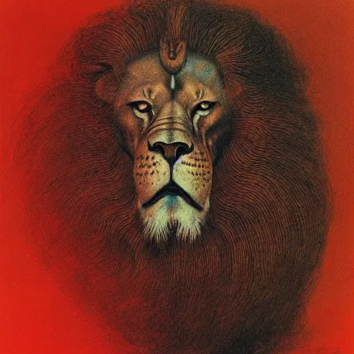 Image similar to morph of four faces in one : man, lion, eagle, bull. drawn by zdzislaw beksinski