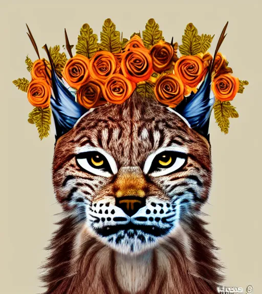 Image similar to lynx wearing a flower circle made out of roses and golden leaves on his head, a majestic crown, an expressive digital painting, high quality art,