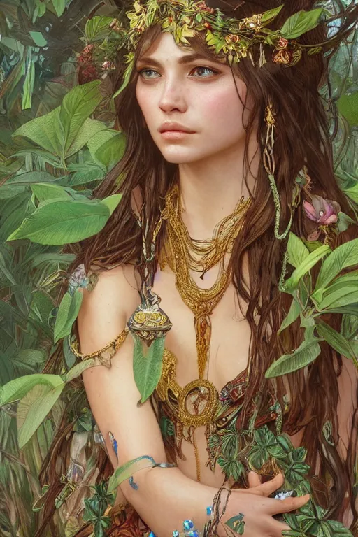 Image similar to ultra realistic illustration, bohemian girl in jungle wearing amulet of power, intricate, elegant, highly detailed, digital painting, artstation, concept art, smooth, sharp focus, illustration, art by artgerm and greg rutkowski and alphonse mucha