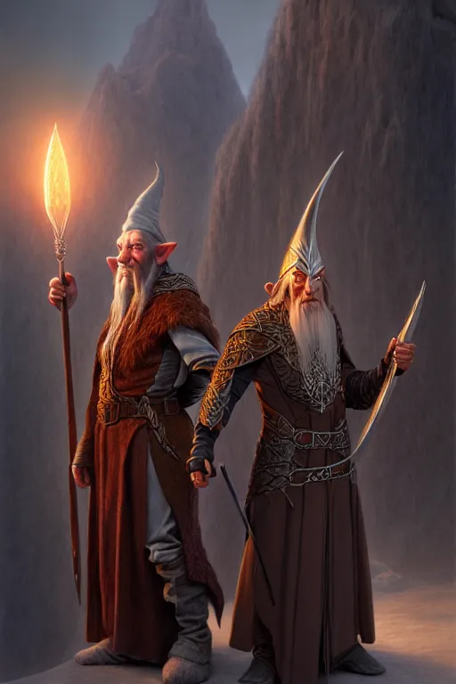 Prompt: a portrait of an elven wizard next to a dwarf paladin, realistic faces, grimdark extremely detailed fantasy art by Gerald Brom, octane render