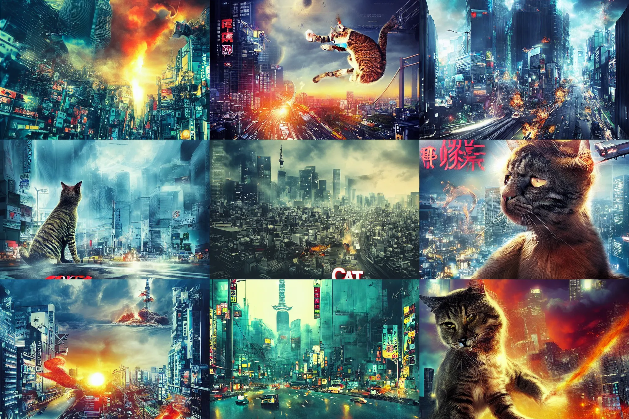 Prompt: “cat attacking Tokyo, disaster movie poster, cgstudio”