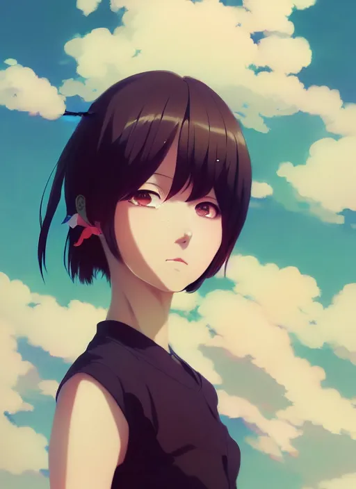 Image similar to portrait of a anime girl by ilya kuvshinov, cloudy sky background lush landscape illustration concept art anime key visual trending pixiv fanbox by wlop and greg rutkowski and makoto shinkai and studio ghibli