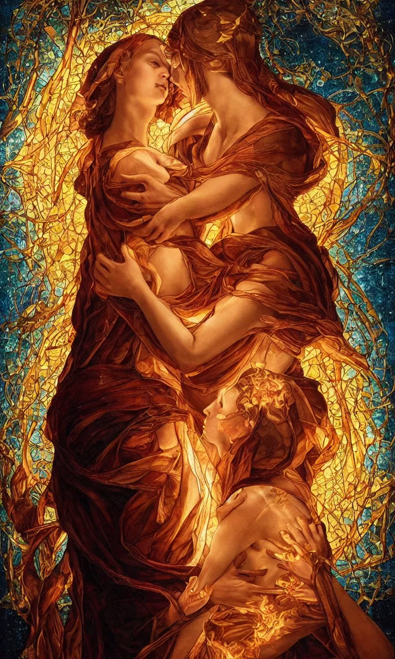 Prompt: ultra realist breathtaking detailed soft painting of 2 lovers embracing each other, in a shroud of fire and a dress of fireflies, symmetrical, christian saint in the middle of a stained glass of flames, thin intricate art nouveau frame, by Tom Bagshaw, wlop, trending on artstation