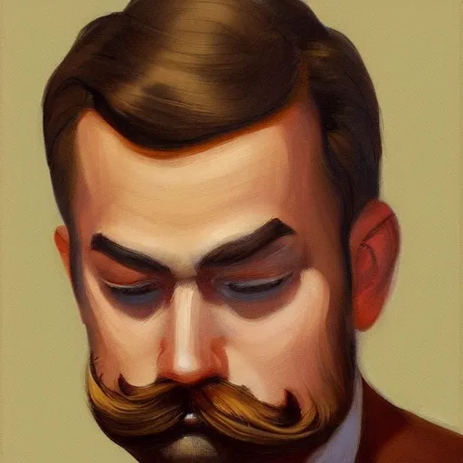 Prompt: a brown haired man with a 5 o'clock shadow mustache, detailed, edward hopper, trending on artstation,