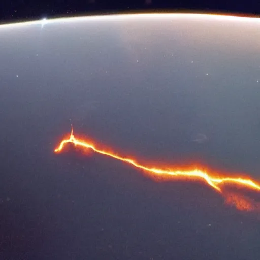 Prompt: Meteor rushing towards the Earth, fire trail, view from space