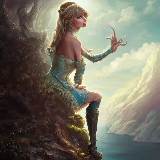 Prompt: alluring illustration taylor swift, sitting on the edge of a cliff overlooking a forested valley, clothed in a chesty fantasy outfit, headshot portrait, 8k resolution matte fantasy painting, cinematic lighting, DeviantArt, Artstation, Jason Felix Steve Argyle Tyler Jacobson Peter Mohrbacher