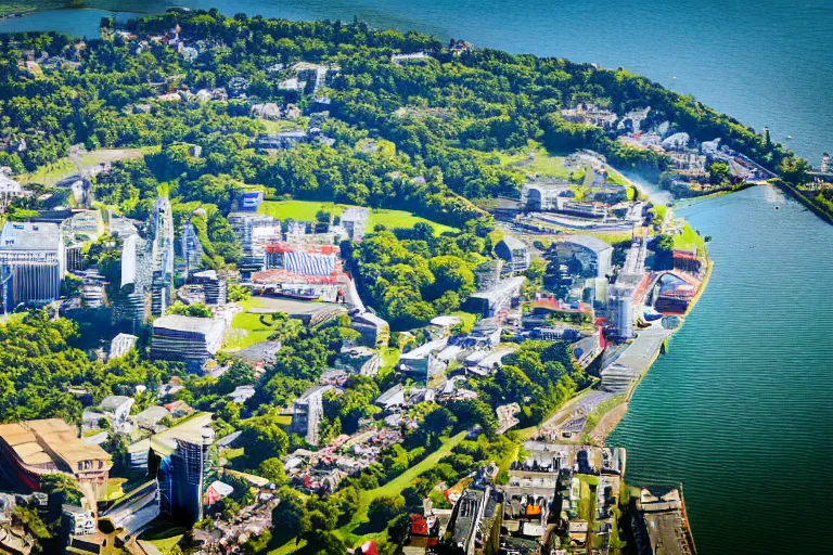 Image similar to bird's eye view photography of a small city. town hall, central farm, monorail station, beach and shipping dock. hills, woods and lake to the north.