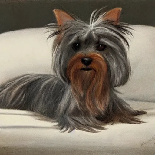 Prompt: an old happy brown and gray Yorkshire terrier dog lounging in a white bed, long hair, extremely detailed masterpiece, illustration, by Michael Sowa,