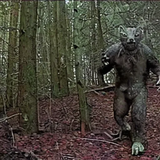 Image similar to trailcam footage of a skinwalker caught on camera, grotesque, evil