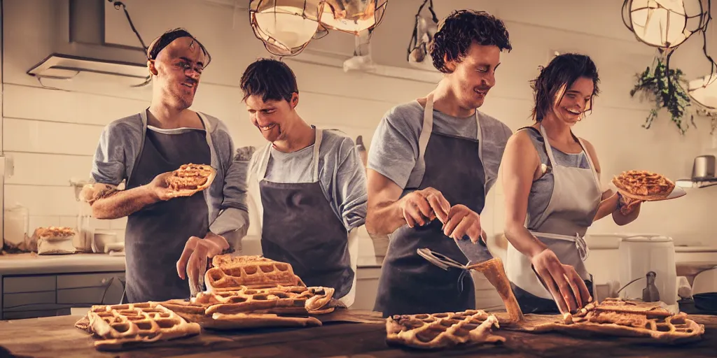 Image similar to A woman and man baking waffles together, digital art, epic lighting