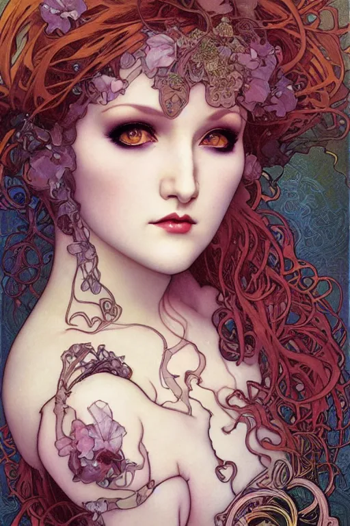 Prompt: realistic detailed face portrait of Cyndi Lauper by Alphonse Mucha, Ayami Kojima, Amano, Charlie Bowater, Karol Bak, Greg Hildebrandt, Jean Delville, and Mark Brooks, Art Nouveau, Neo-Gothic, gothic, rich deep moody colors