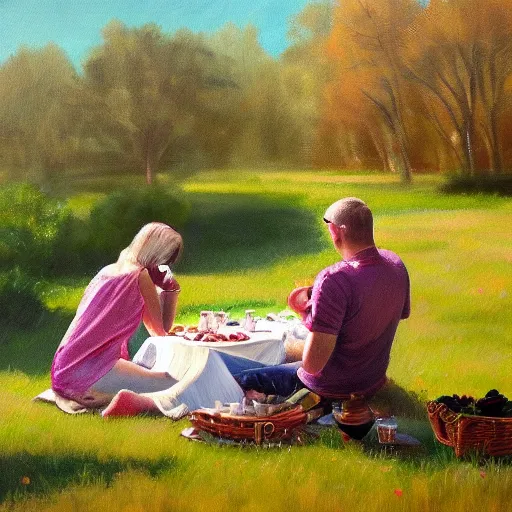 Prompt: a picnic, oil painting, pale colors, high detail, 8 k, wide angle, trending on artstation,