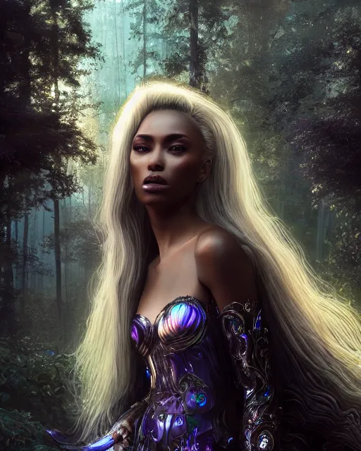 Prompt: beauteous sumptuous dark empress with incredible iridescent pearlescent voluminous hair, photorealistic crystalline masterpiece incrustations, hyperdetailed kind face, elegant pose, movie still, cinematic forest lighting, intricate accuracy, octane render, cgsociety, artgerm, unreal engine, crepuscular rays, god rays