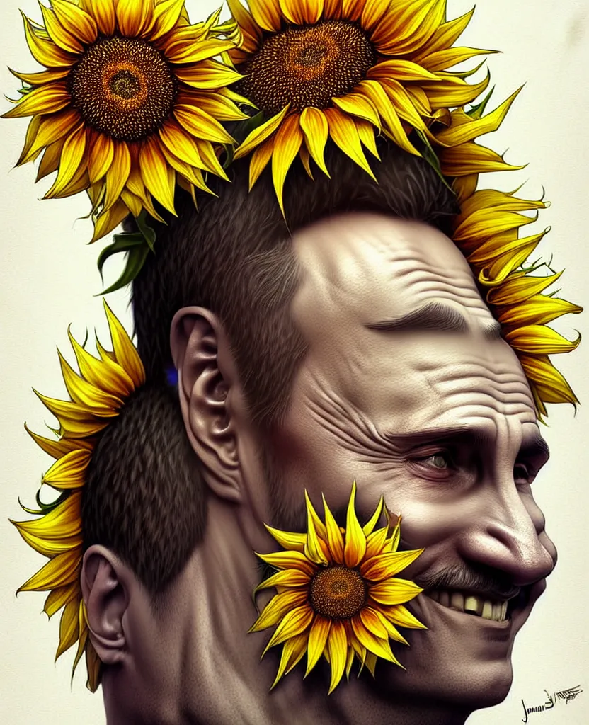 Prompt: digital art, centered full body of Putin smiling king, Sunflower crown, ,intricate, veins, by James Jean and by artgerm , by ross tran ultradetailed, charachter design, concept art, trending on artstation,