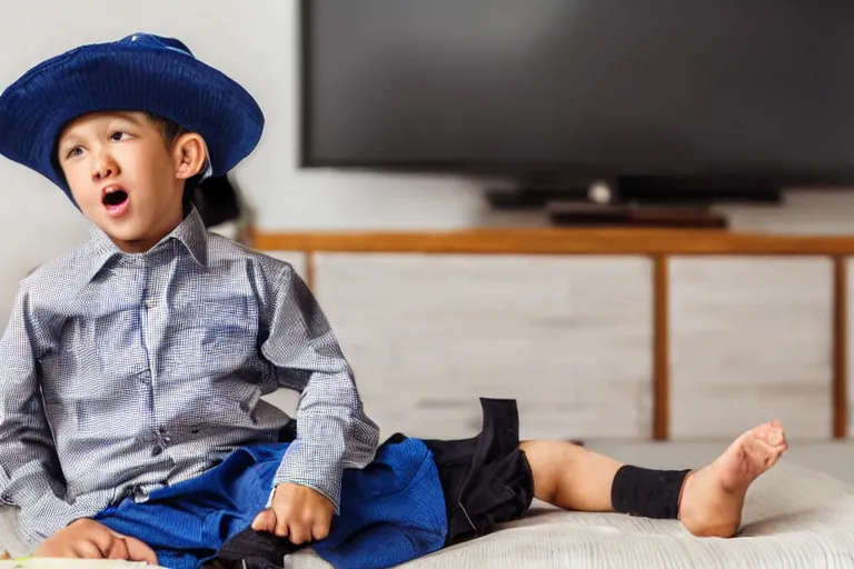 Image similar to a kid with horse head using shirt and pants and a hat while its watching tv