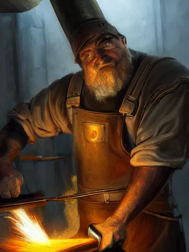 Image similar to a blacksmith striking a hammer in its anvil. working at his forge. intricate, elegant, highly detailed, digital painting, artstation, cinematic shot, concept art, sharp focus, illustration, by justin gerard and artgerm 8 k