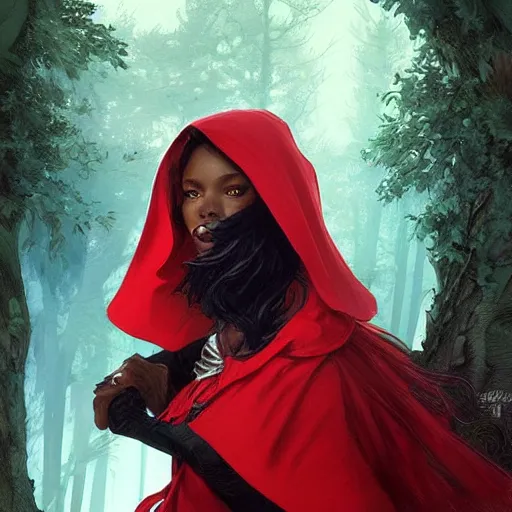 Image similar to Beautiful Portrait of Little Red Riding Hood with a black panther, intricate, wild, highly detailed, digital painting, artstation, concept art, smooth, sharp focus, illustration, art by artgerm and greg rutkowski and alphonse mucha, footage from space camera