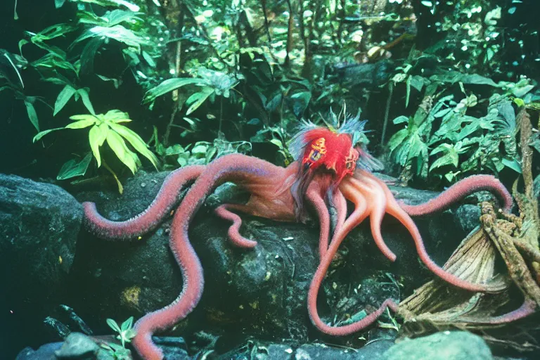 Prompt: a photo of a tentacruel mandrill in its natural habitat, kodak ektachrome e 1 0 0 photography