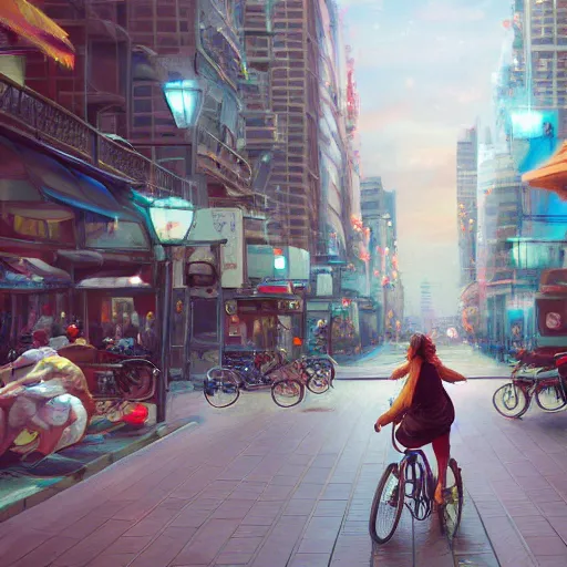 girl riding on bike through city, digital art, by ben | Stable ...