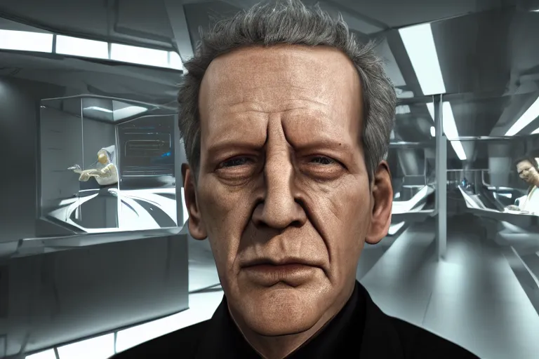 Prompt: an ultra realistic colour cinematic headshot portrait of an evil scientist, stood inside a futuristic lab, colour, detailed, deep focus, movie still, dramatic lighting, ray tracing, by werner herzog