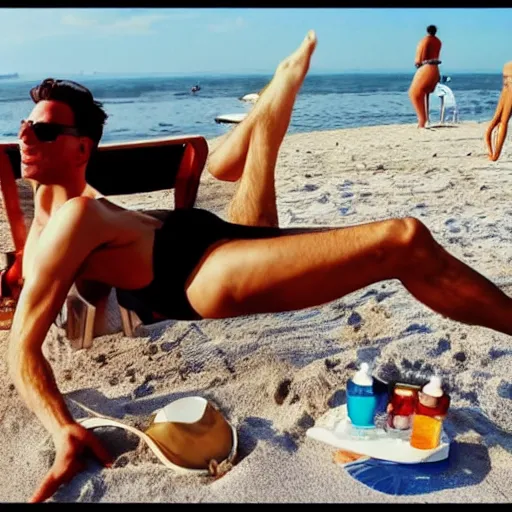 Prompt: Jerma985 On the beach in bikini