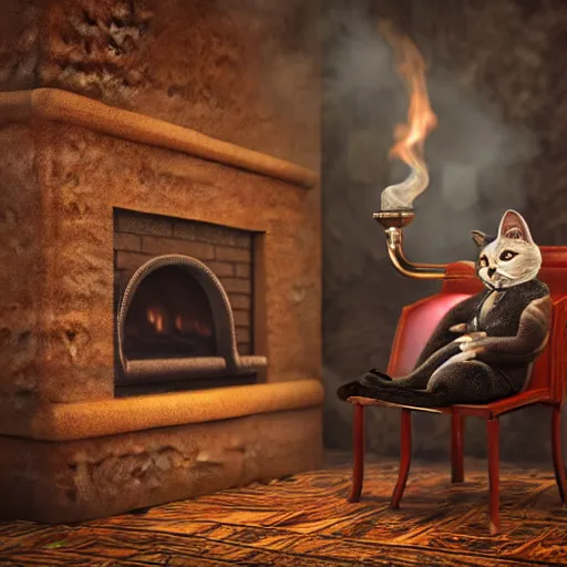 Image similar to a 3 d render of steampunk cat sits in a chair in front of a fireplace in a book lined room and smokes a pipe, high realistic, high detailed, octane render