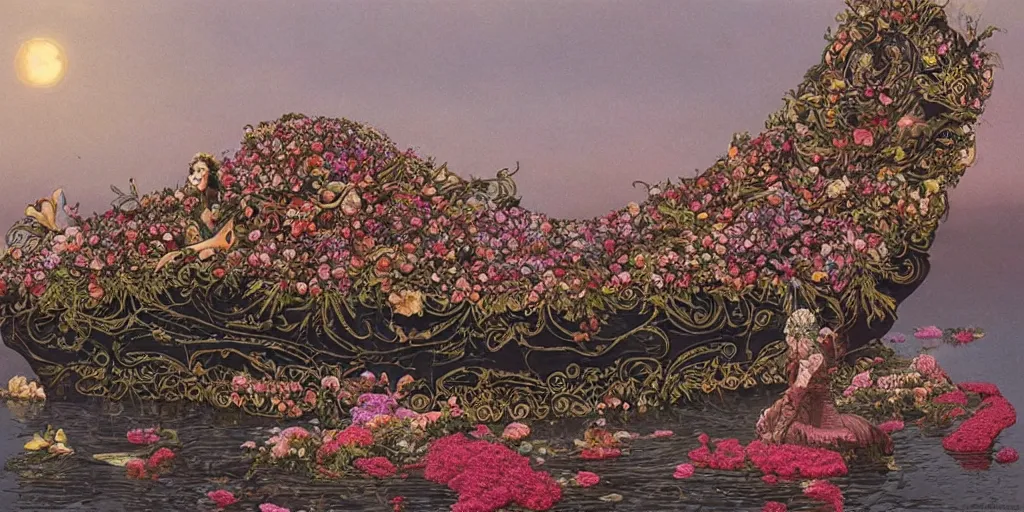 Image similar to an elaborate floating coffin adorned with flowers, evening, fantasy, regal, intricate, detailed matte painting by moebius