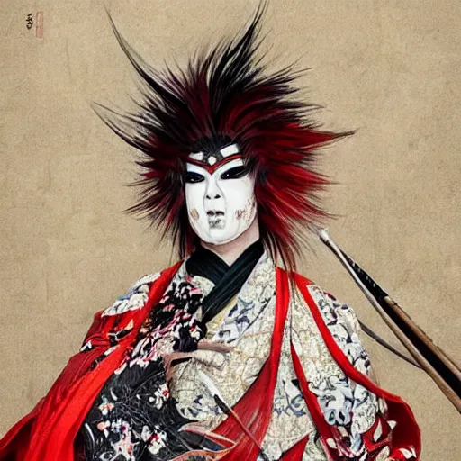 Image similar to an epic portrait of insane kabuki male wielding a spear covered in a distorting aura, intricate hakama, poofy red wig, eerie, highly detailed, dark fantasy, shallow depth of field, art by artgerm and greg rutkowski