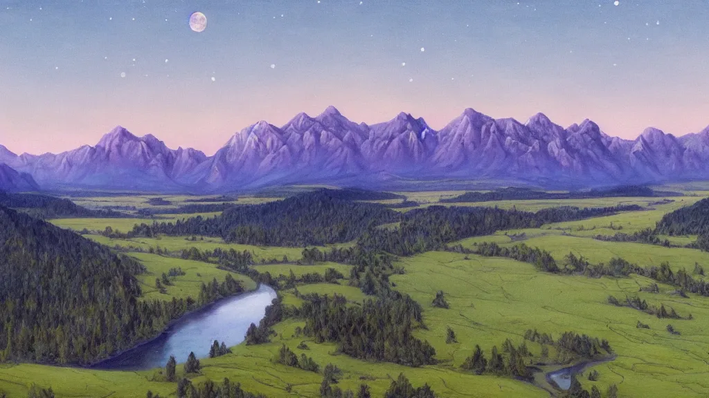 Image similar to The most beautiful panoramic landscape, oil painting, where the mountains are towering over the valley below their peaks shrouded in mist. The moon is high in the sky producing a warm glow and the sky dark purple and filled with stars and cirrus clouds. The river is winding its way through the valley and the trees are vivid green, by Greg Rutkowski, aerial view