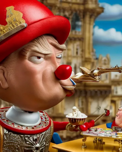 Image similar to highly detailed closeup, face profile portrait of a tin toy donald trump as a fairytale henry viii eating cakes, depth of field, nicoletta ceccoli, mark ryden, lostfish, max fleischer, breathtaking, detailed and intricate environment, 8 k resolution, hyperrealistic, octane render